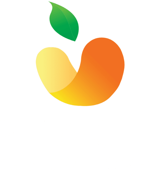 Abstract image of a mango with a gradient of green, orange, and yellow shades, featuring a smooth, stylized design.